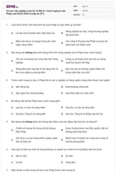 32 câu Trắc nghiệm Lịch Sử 10 Bài 31: Cách mạng tư sản Pháp cuối thế kỉ XVIII có đáp án (P1)