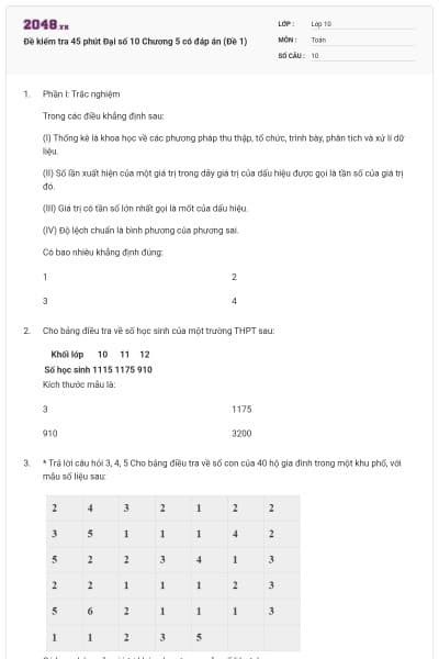 Đề kiểm tra 45 phút Đại số 10 Chương 5 có đáp án (Đề 1)