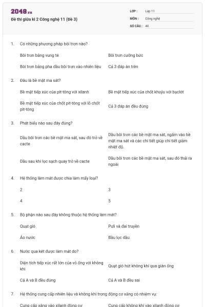 Đề thi giữa kì 2 Công nghệ 11 (Đề 3)