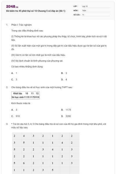 Đề kiểm tra 45 phút Đại số 10 Chương 5 có đáp án (Đề 1)