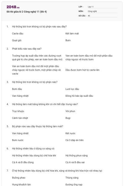 Đề thi giữa kì 2 Công nghệ 11 (Đề 4)