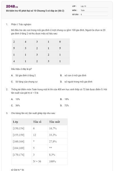 Đề kiểm tra 45 phút Đại số 10 Chương 5 có đáp án (Đề 2)