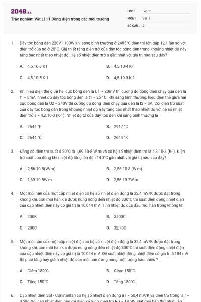 Trắc nghiệm Vật Lí 11 Dòng điện trong các môi trường