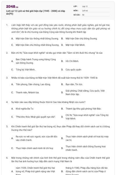 Lịch sử 12 Lịch sử thế giới hiện đại (1945 - 2000) có đáp án(P5)