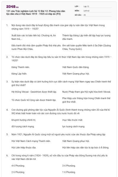 131 câu Trắc nghiệm Lịch Sử 12 Bài 12: Phong trào dân tộc dân chủ ở Việt Nam 1919 - 1925 có đáp án (P3)