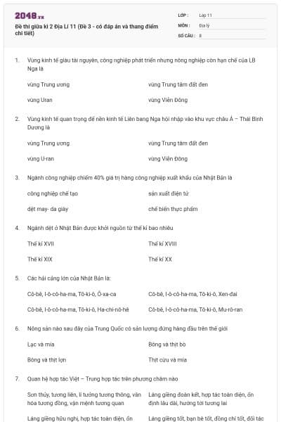 Đề thi giữa kì 2 Địa Lí 11 (Đề 3 - có đáp án và thang điểm chi tiết)