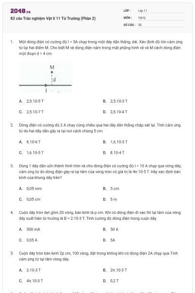 82 câu Trắc nghiệm Vật lí 11 Từ Trường (Phần 2)