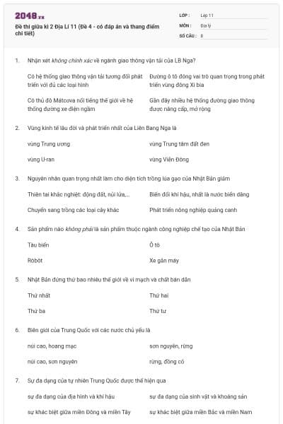 Đề thi giữa kì 2 Địa Lí 11 (Đề 4 - có đáp án và thang điểm chi tiết)