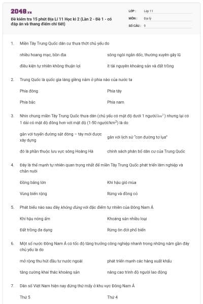 Đề kiểm tra 15 phút Địa Lí 11 Học kì 2 (Lần 2 - Đề 1 - có đáp án và thang điểm chi tiết)