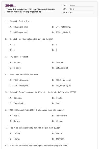 170 câu Trắc nghiệm Địa Lí 11 Hợp Chủng quốc Hoa kì - Tự nhiên và dân cư (có đáp án) (phần 1)