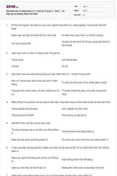 Đề kiểm tra 15 phút Địa Lí 11 Học kì 2 (Lần 2 - Đề 2 - có đáp án và thang điểm chi tiết)
