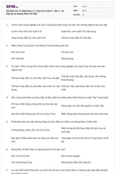 Đề kiểm tra 15 phút Địa Lí 11 Học kì 2 (Lần 2 - Đề 3 - có đáp án và thang điểm chi tiết)
