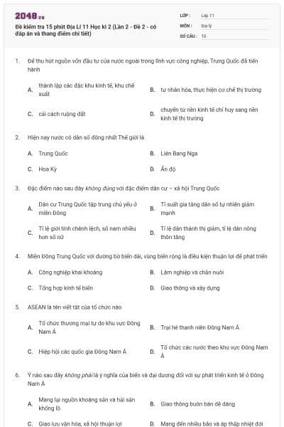 Đề kiểm tra 15 phút Địa Lí 11 Học kì 2 (Lần 2 - Đề 2 - có đáp án và thang điểm chi tiết)