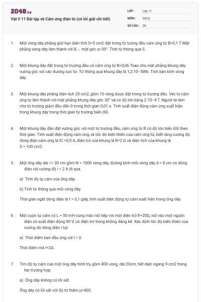 Vật lí 11 Bài tập về Cảm ứng điện từ (có lời giải chi tiết)