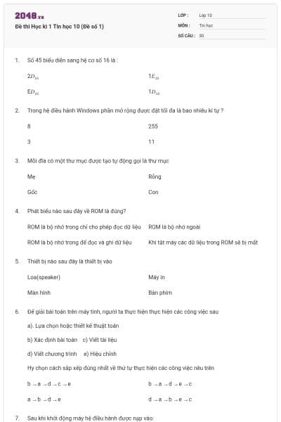 Đề thi Học kì 1 Tin học 10 (Đề số 1)
