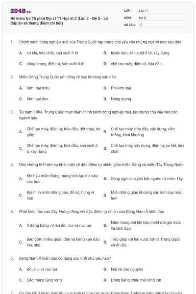 Đề kiểm tra 15 phút Địa Lí 11 Học kì 2 (Lần 2 - Đề 3 - có đáp án và thang điểm chi tiết)