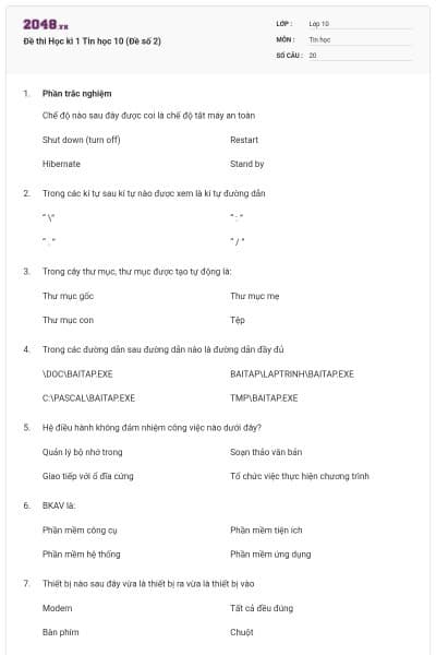Đề thi Học kì 1 Tin học 10 (Đề số 2)
