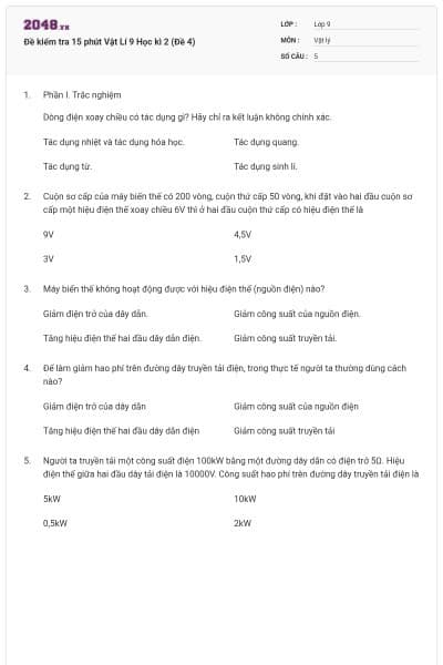 Đề kiểm tra 15 phút Vật Lí 9 Học kì 2 (Đề 4)