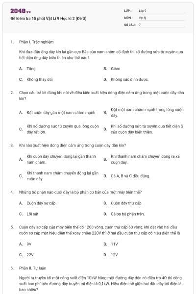 Đề kiểm tra 15 phút Vật Lí 9 Học kì 2 (Đề 3)