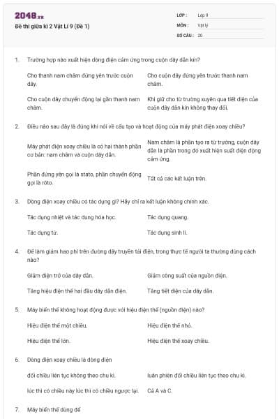 Đề thi giữa kì 2 Vật Lí 9 (Đề 1)