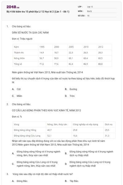 Bộ 4 Đề kiểm tra 15 phút Địa Lí 12 Học kì 2 (Lần 1 - Đề 1)