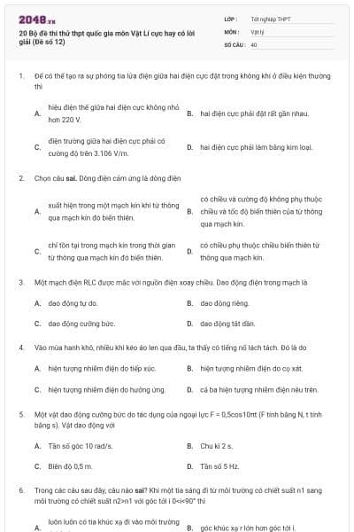 20 Bộ đề thi thử thpt quốc gia môn Vật Lí cực hay có lời giải (Đề số 12)