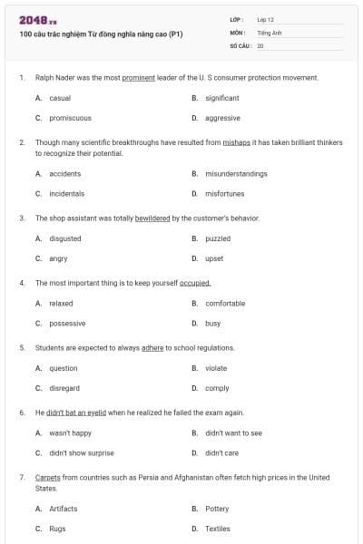 100 câu trắc nghiệm Từ đồng nghĩa nâng cao (P1)
