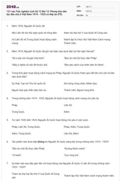 131 câu Trắc nghiệm Lịch Sử 12 Bài 12: Phong trào dân tộc dân chủ ở Việt Nam 1919 - 1925 có đáp án (P5)