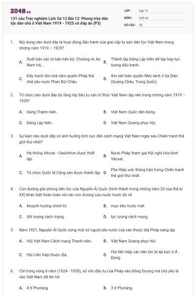 131 câu Trắc nghiệm Lịch Sử 12 Bài 12: Phong trào dân tộc dân chủ ở Việt Nam 1919 - 1925 có đáp án (P3)