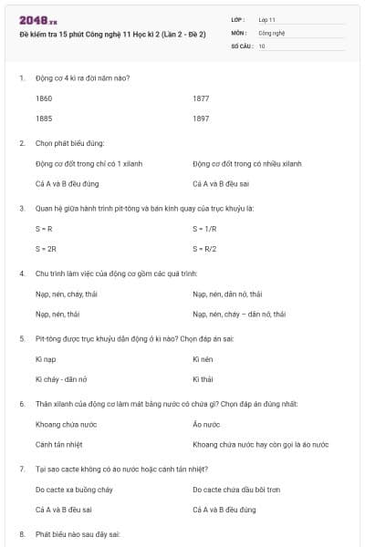 Đề kiểm tra 15 phút Công nghệ 11 Học kì 2 (Lần 2 - Đề 2)
