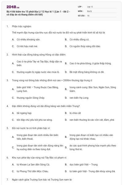 Bộ 4 Đề kiểm tra 15 phút Địa Lí 12 Học kì 1 (Lần 1 - Đề 2 - có đáp án và thang điểm chi tiết)