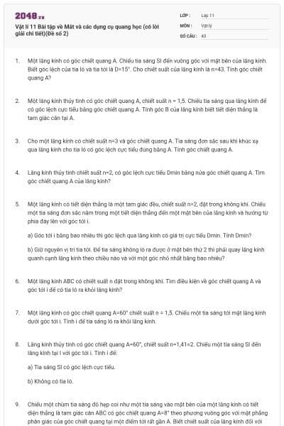 Vật lí 11 Bài tập về Mắt và các dụng cụ quang học (có lời giải chi tiết)(Đề số 2)