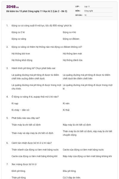 Đề kiểm tra 15 phút Công nghệ 11 Học kì 2 (Lần 2 - Đề 3)