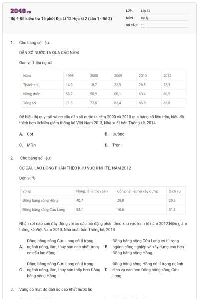 Bộ 4 Đề kiểm tra 15 phút Địa Lí 12 Học kì 2 (Lần 1 - Đề 3)