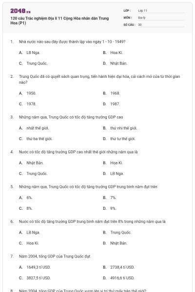 120 câu Trắc nghiệm Địa lí 11 Cộng Hòa nhân dân Trung Hoa (P1)