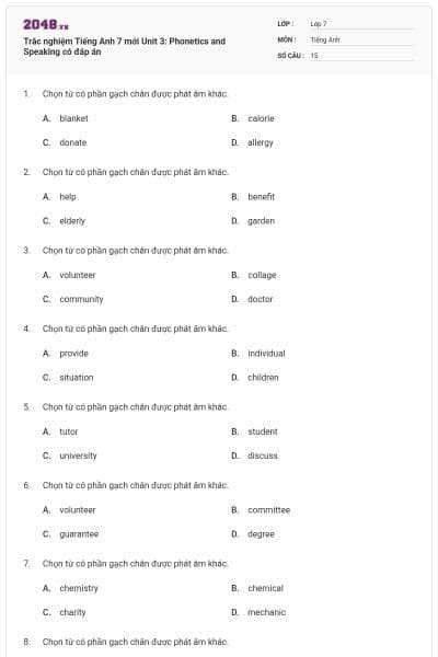 Trắc nghiệm Tiếng Anh 7 mới Unit 3: Phonetics and Speaking có đáp án