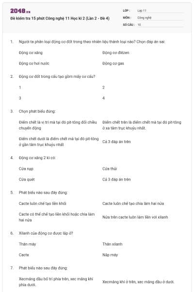 Đề kiểm tra 15 phút Công nghệ 11 Học kì 2 (Lần 2 - Đề 4)