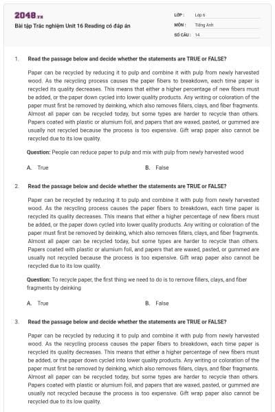 Bài tập Trắc nghiệm Unit 16 Reading có đáp án