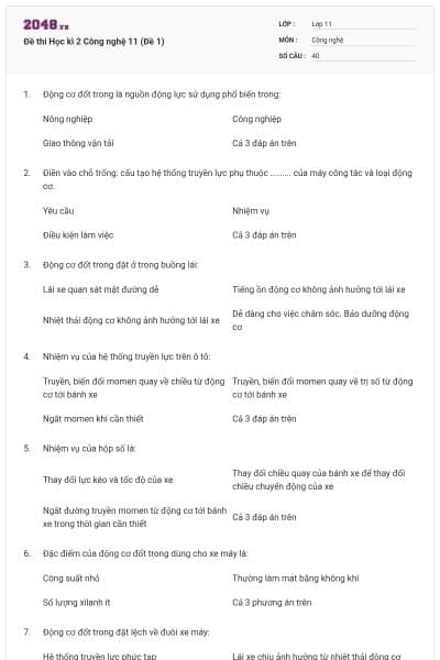 Đề thi Học kì 2 Công nghệ 11 (Đề 1)
