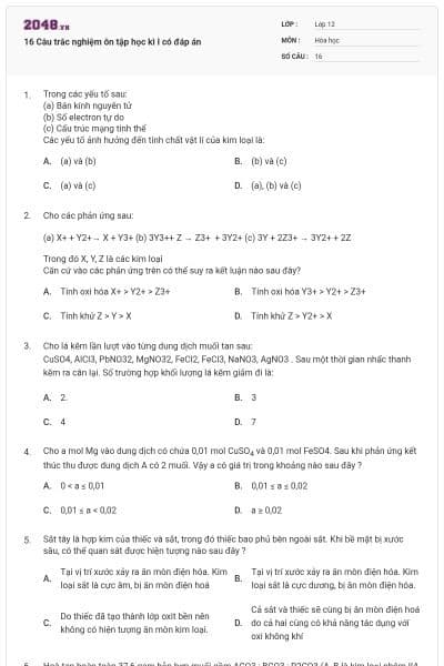 16 Câu trắc nghiệm ôn tập học kì I có đáp án