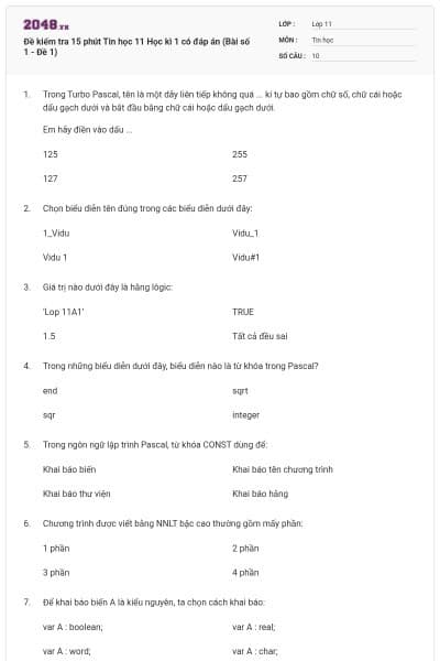 Đề kiểm tra 15 phút Tin học 11 Học kì 1 có đáp án (Bài số 1 - Đề 1)