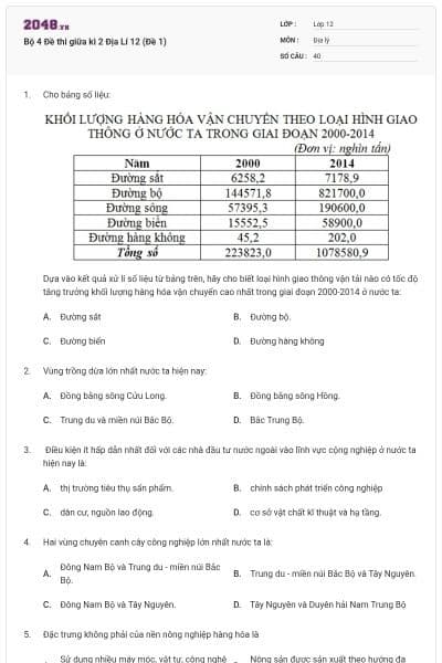 Bộ 4 Đề thi giữa kì 2 Địa Lí 12 (Đề 1)