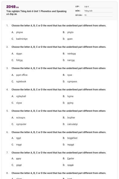 Trắc nghiệm Tiếng Anh 6 Unit 1 Phonetics and Speaking có đáp án