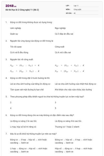 Đề thi Học kì 2 Công nghệ 11 (Đề 2)