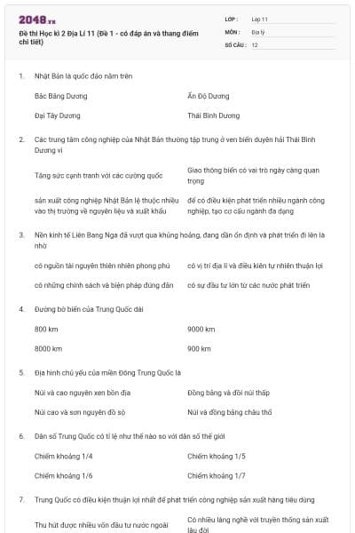 Đề thi Học kì 2 Địa Lí 11 (Đề 1 - có đáp án và thang điểm chi tiết)