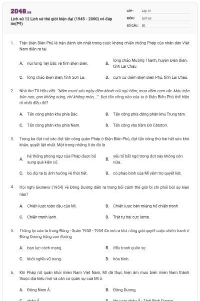 Lịch sử 12 Lịch sử thế giới hiện đại (1945 - 2000) có đáp án(P9)