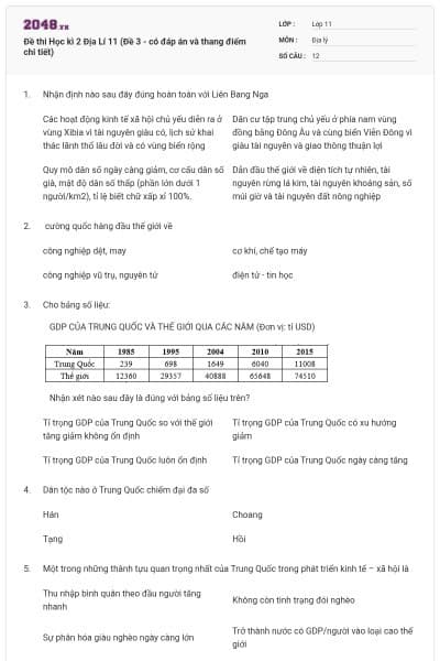 Đề thi Học kì 2 Địa Lí 11 (Đề 3 - có đáp án và thang điểm chi tiết)