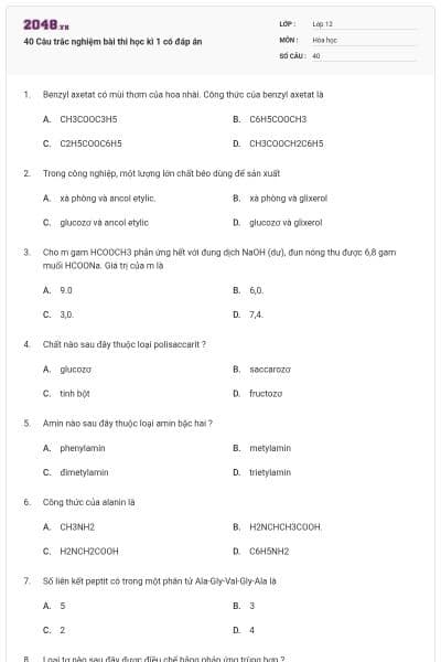40 Câu trắc nghiệm bài thi học kì 1 có đáp án