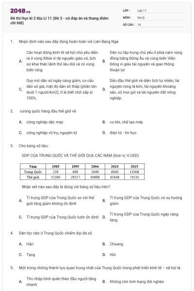 Đề thi Học kì 2 Địa Lí 11 (Đề 3 - có đáp án và thang điểm chi tiết)