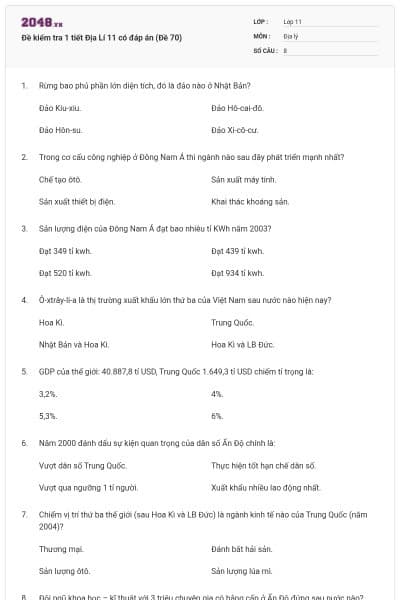Đề kiểm tra 1 tiết Địa Lí 11 có đáp án (Đề 70)